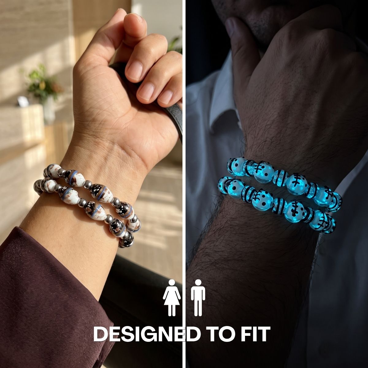 NOGU matching beaded bracelets shown on wrists, with white marbled and silver beads or turquoise blue graphic beads.