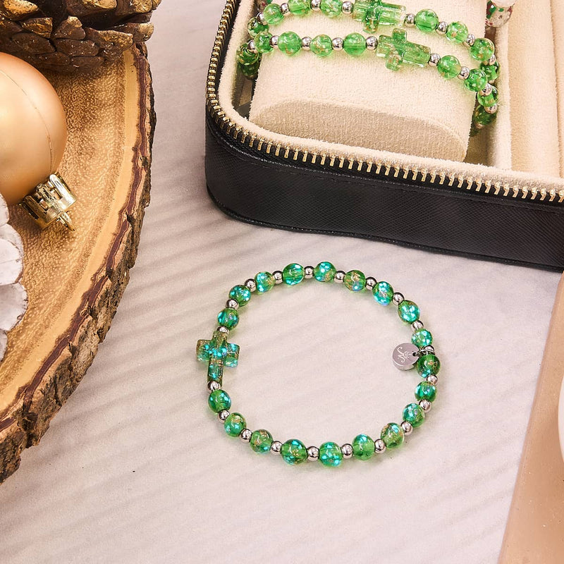 Emerald | Silver | Firefly Glass Cross Bracelet