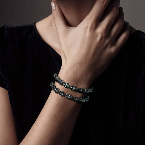 Hades | Hematite Skulls x Black GloWeave | Macrame Bracelet