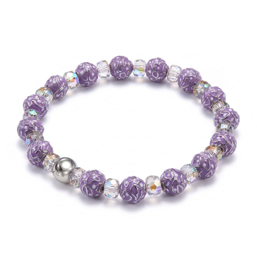 Purple cloisonné beaded stretch bracelet with silver-tone stainless steel accent bead and clear faceted crystal spacers.
