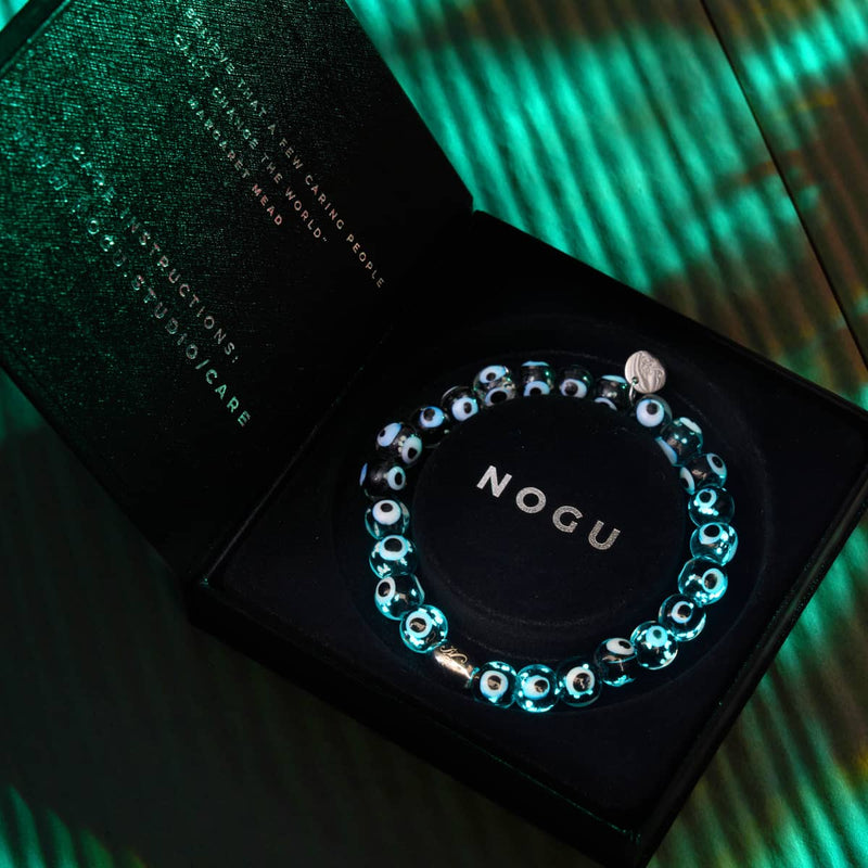 Schwarz | 925 Sterling Silber | Glühwürmchen-Glas-Armband mit bösem Blick