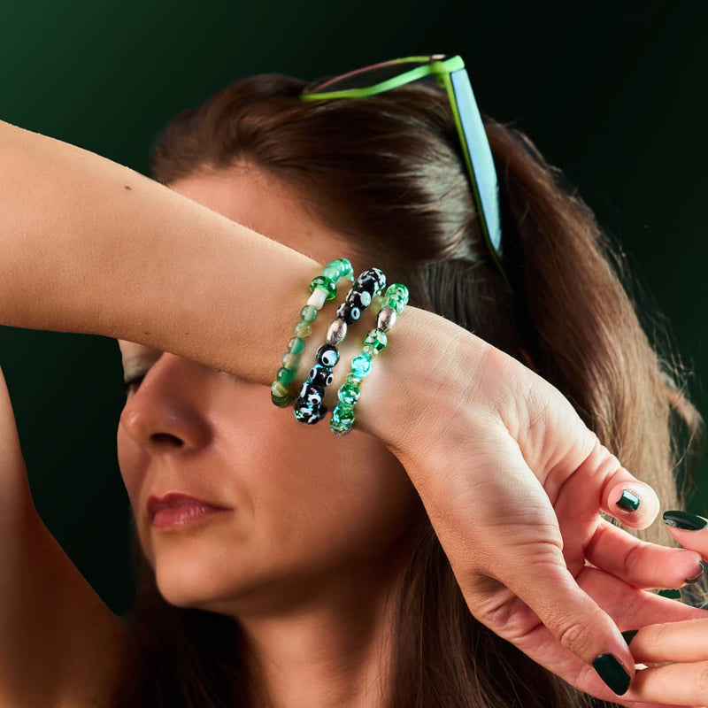 Schwarz | 925 Sterling Silber | Glühwürmchen-Glas-Armband mit bösem Blick