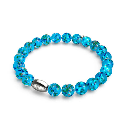 Blue Juniper Firefly Glass Bracelet with blue speckled beads and .925 sterling silver clasp by NOGU
