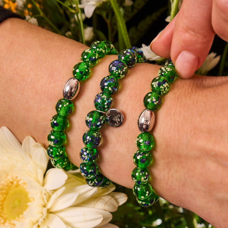 Blaues Kleeblatt | 925er Sterlingsilber | Glühwürmchen-Glasarmband