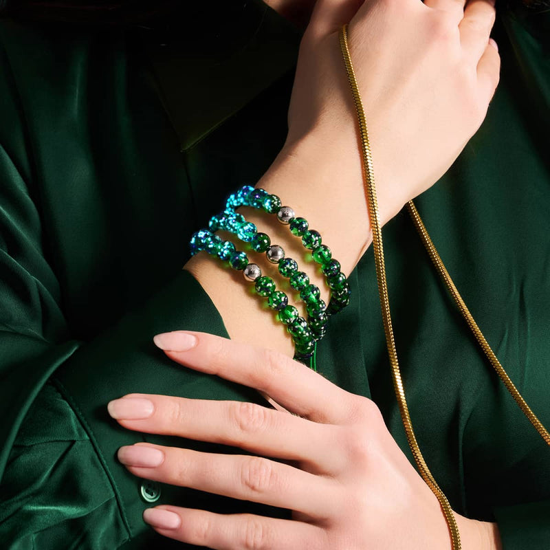 Blaues Kleeblatt | Silber | Glühwürmchen-Glas-Makramee-Armband