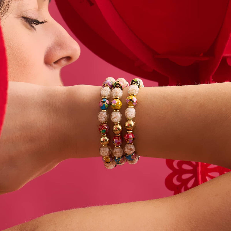 Wolkendrache | Emaille-Lotus | Weißes Glühwürmchen-Glasschlangenarmband