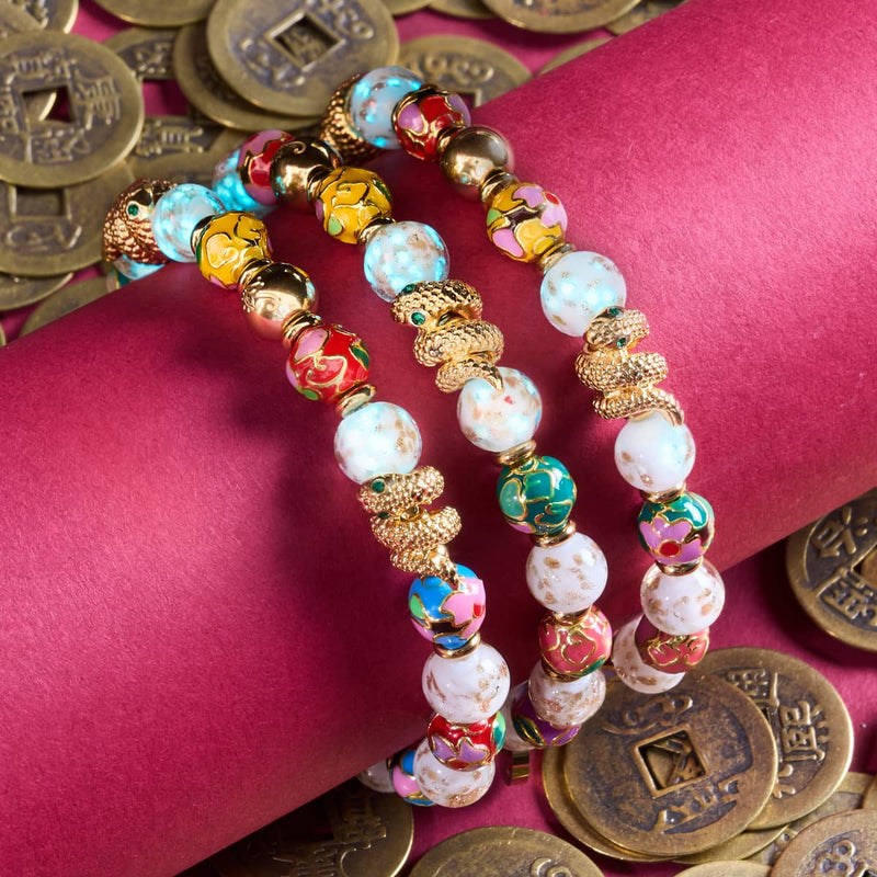 Wolkendrache | Emaille-Lotus | Weißes Glühwürmchen-Glasschlangenarmband