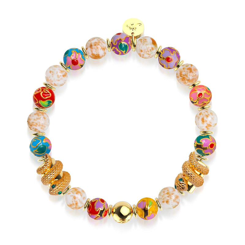 Wolkendrache | Emaille-Lotus | Weißes Glühwürmchen-Glasschlangenarmband