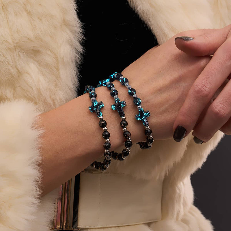 Obsidian | Silber | Glühwürmchen-Glas-Kreuz-Armband