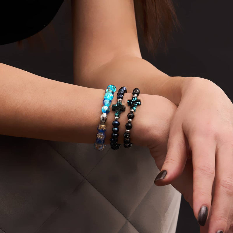 Obsidian | Silber | Glühwürmchen-Glas-Kreuz-Armband