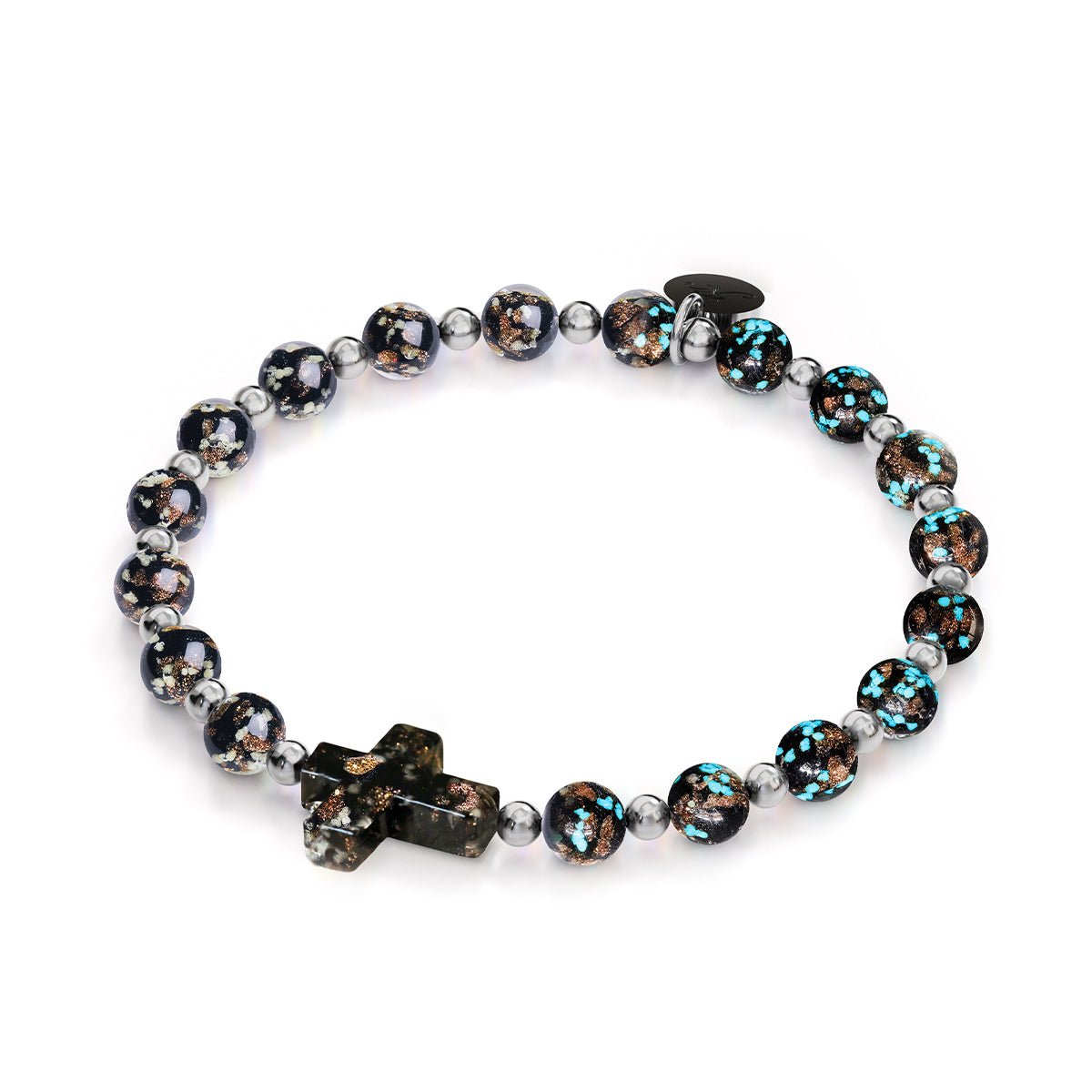Obsidian | Silber | Glühwürmchen-Glas-Kreuz-Armband