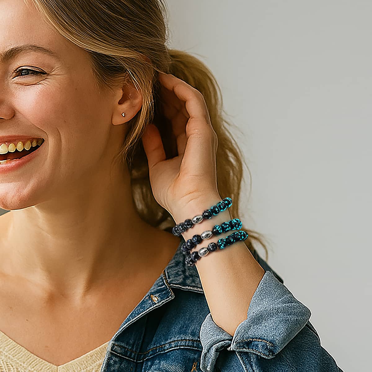 Pechschwarz | 925 Sterling Silber | Glühwürmchen-Glasarmband