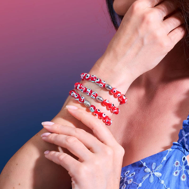 Rot | 925 Sterling Silber | Glühwürmchen-Glas-Armband mit bösem Blick