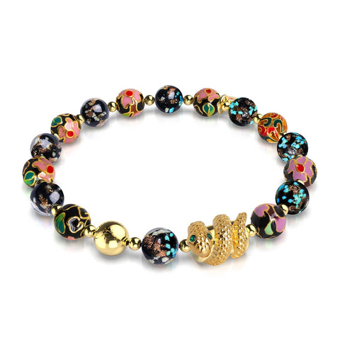 Schattendrache | Emaille-Lotus | Onyx-Glühwürmchen-Glas-Schlangenarmband