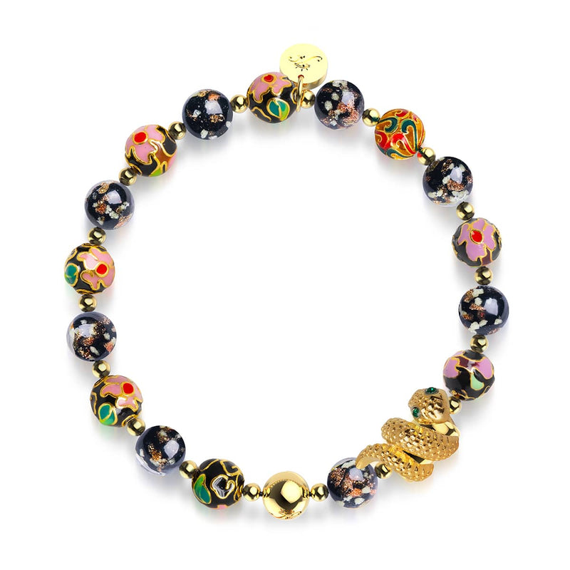 Schattendrache | Emaille-Lotus | Onyx-Glühwürmchen-Glas-Schlangenarmband