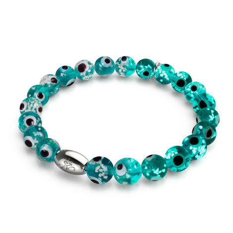 Blaugrün | 925er Sterlingsilber | Glühwürmchen-Glas-Armband mit bösem Blick