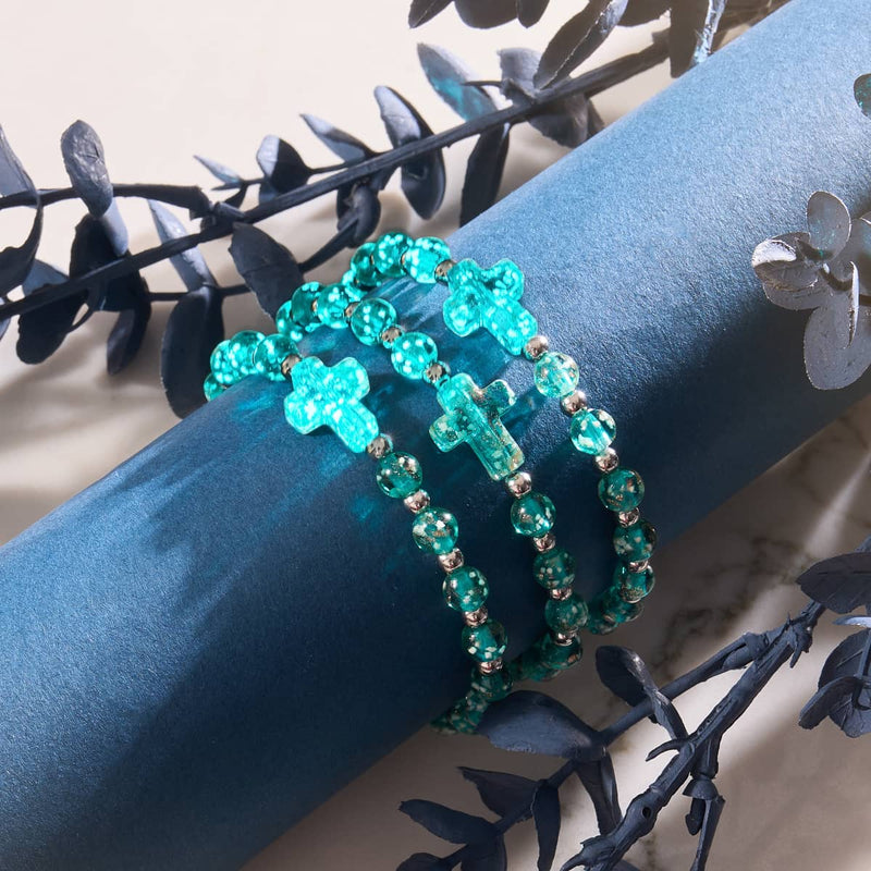 Blaugrün | Silber | Glühwürmchen-Glaskreuz-Armband