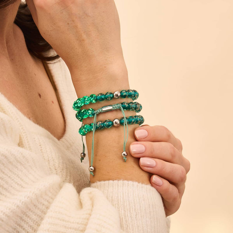 Blaugrün | Silber | Glühwürmchen-Glas-Makramee-Armband