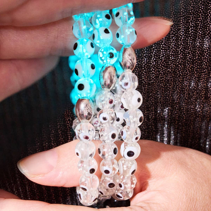 Weiß | 925 Sterling Silber | Glühwürmchen-Glas-Armband mit bösem Blick