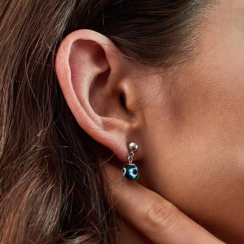 Schwarz | 925 Sterling Silber | Firefly Glas Evil Eye Tropfen Ohrstecker