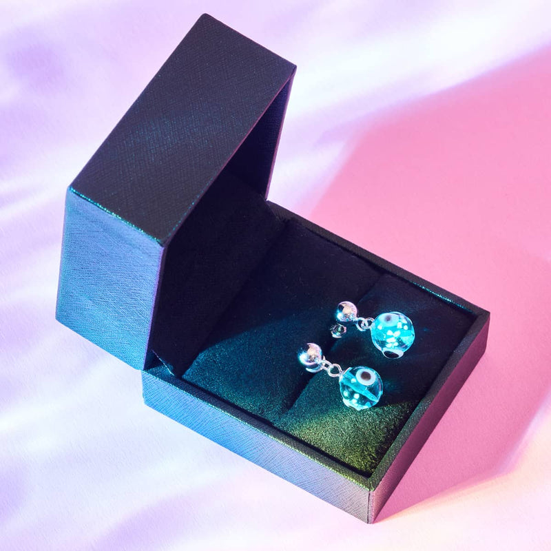Blaugrün | 925 Sterling Silber | Glühwürmchen-Glas-Ohrstecker mit bösem Blick