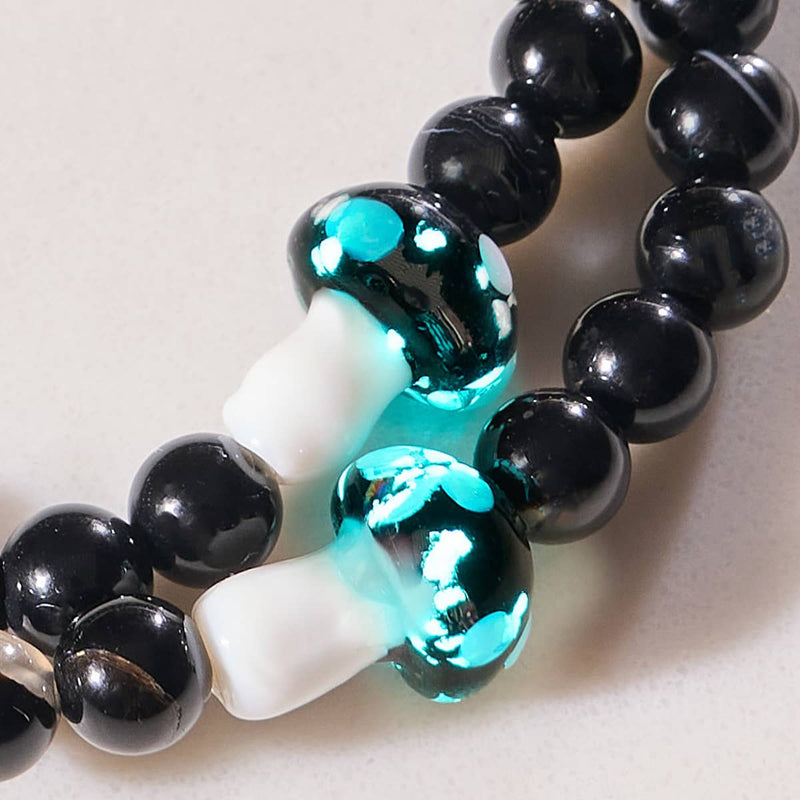 Schwarzer Achat | 925er Sterlingsilber | Glühwürmchen-Glaspilz-Edelsteinarmband