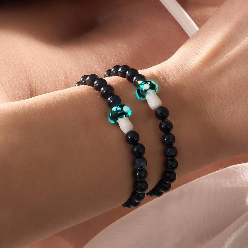 Schwarzer Achat | 925er Sterlingsilber | Glühwürmchen-Glaspilz-Edelsteinarmband