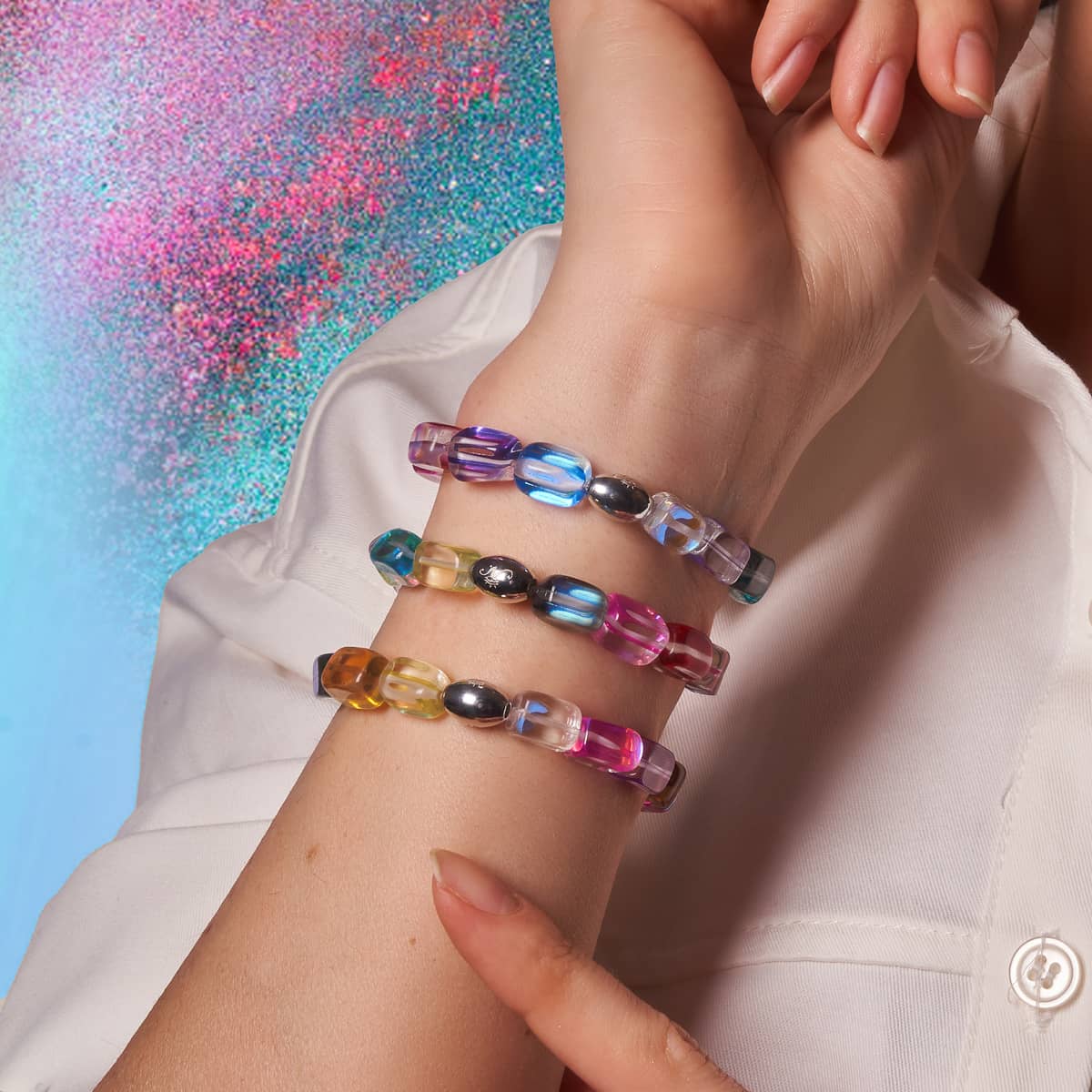 Kosmische Kaskade | 925 Sterling Silber | Galaxie Glaskiesel Armband