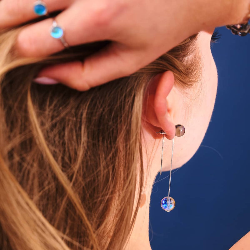 Mondflut | 925er Sterlingsilber | Galaxie-Glasketten-Tropfenfädler-Ohrringe