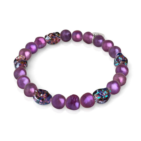 Violette Schatten | 925er Sterlingsilber | Lila Süßwasserperle x Glühwürmchen-Glas-Totenkopf-Armband