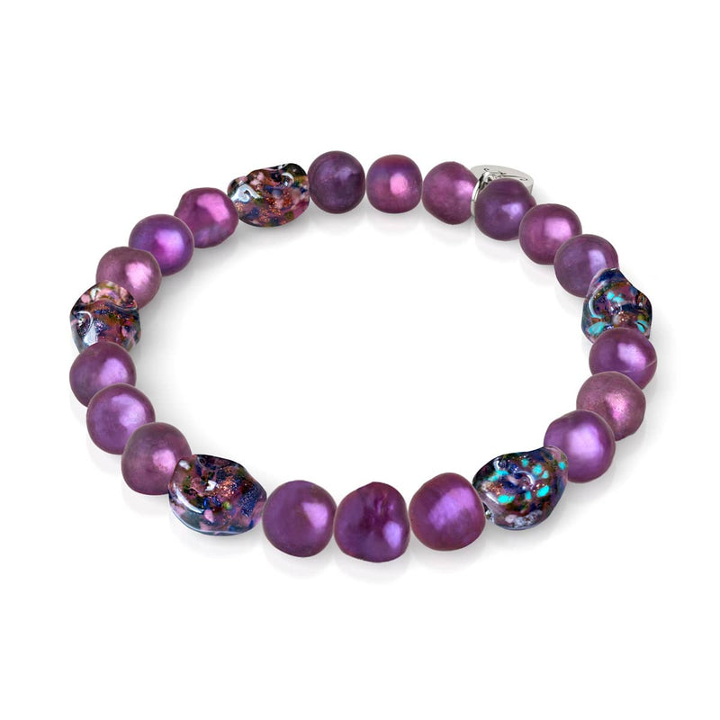 Violette Schatten | 925er Sterlingsilber | Lila Süßwasserperle x Glühwürmchen-Glas-Totenkopf-Armband