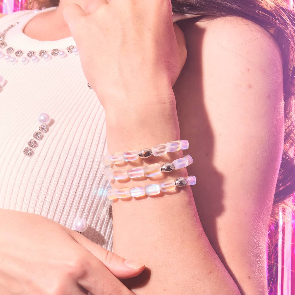 Regenbogenweiß | 925 Sterling Silber | Meerjungfrau Glaskiesel Armband