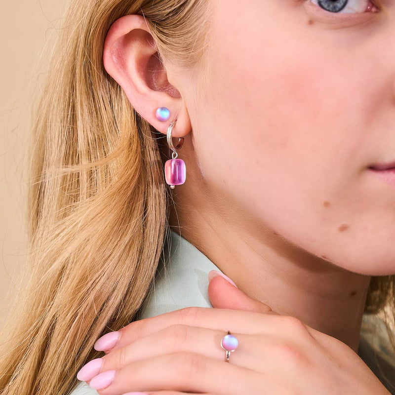 Lavendel | 925 Sterling Silber | Meerjungfrau Glaskiesel-Huggie-Ohrringe