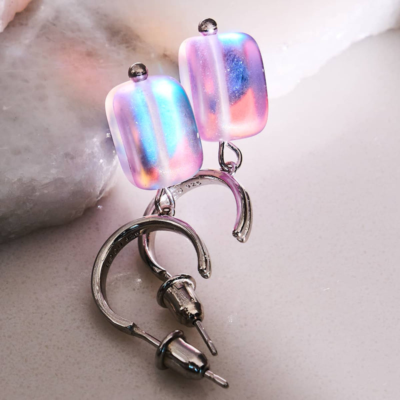 Lavendel | 925 Sterling Silber | Meerjungfrau Glaskiesel-Huggie-Ohrringe