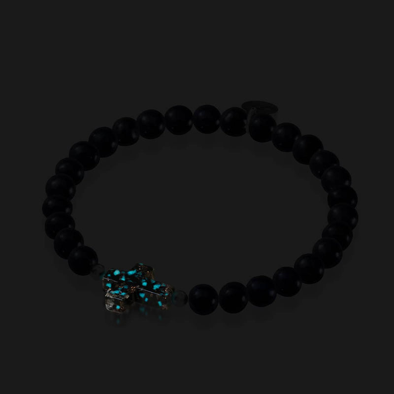 Jeanne d'Arc | 925er Sterlingsilber | Obsidian-Glühwürmchenglas x schwarzes Süßwasserperlen-Kreuzarmband