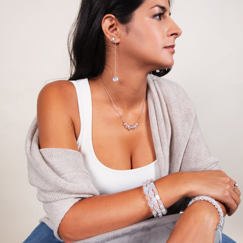 Regenbogenweiß | 925 Sterling Silber | Meerjungfrau Glaskette Tropfenfädler Ohrringe