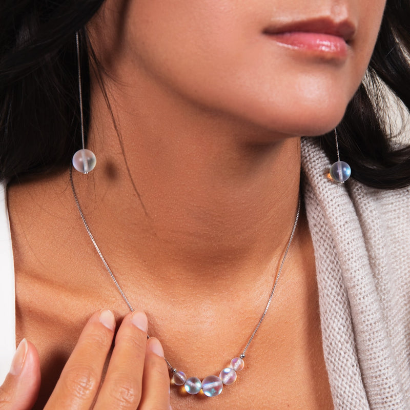 Regenbogenweiß | 925 Sterling Silber | Meerjungfrau Glaskette Tropfenfädler Ohrringe