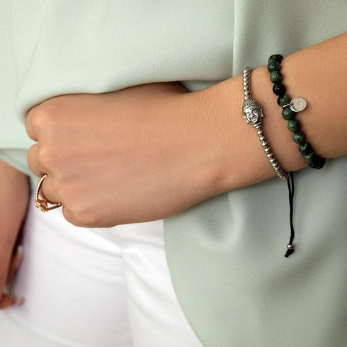 Vergoldeter Buddha | Silber | Schwarz | Makramee Charmballa Armband