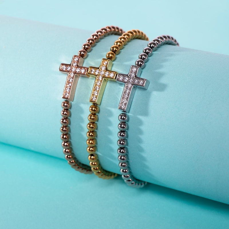 Gesegnet | 18 Karat Roségold | Kristallkreuz-Charm-Armband