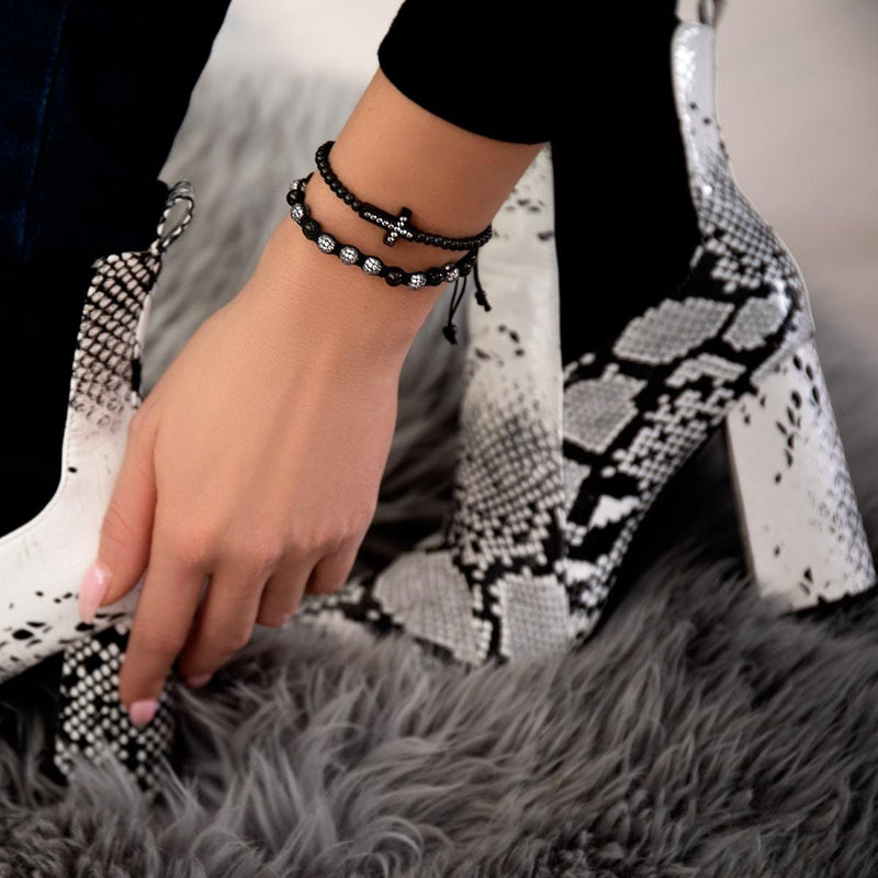 Kristallkreuz | Rotguss | Schwarz | Makramee Charmballa Armband