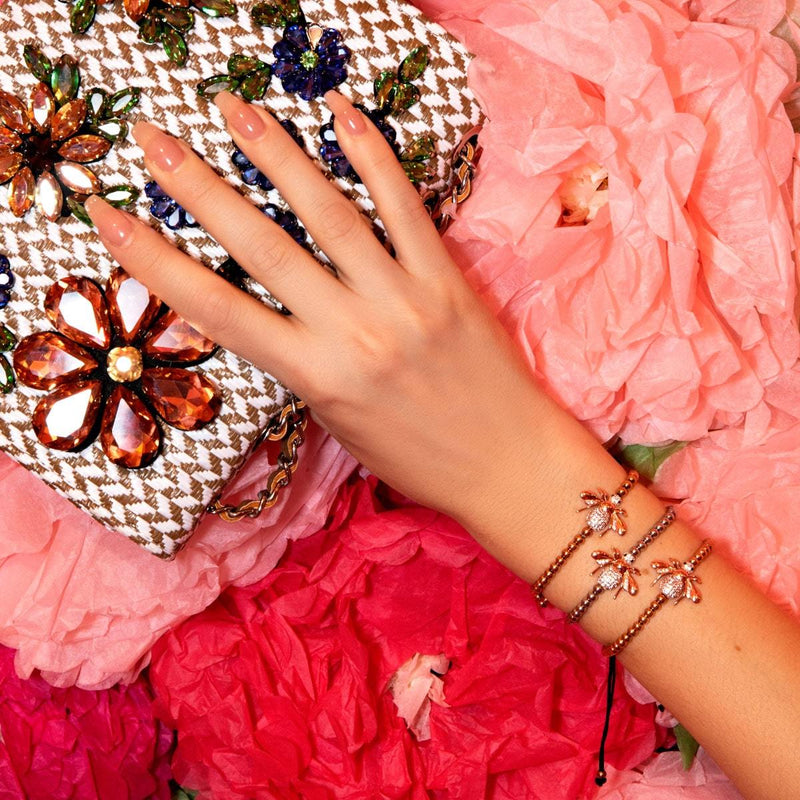 Königin | 18 Karat Roségold | Kristall-Honigbienen-Makramee-Charmballa-Armband