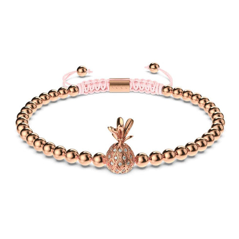 Pina Colada | 18 Karat Roségold | Rosa | Ananas aus Kristall | Makramee-Charmballa-Armband
