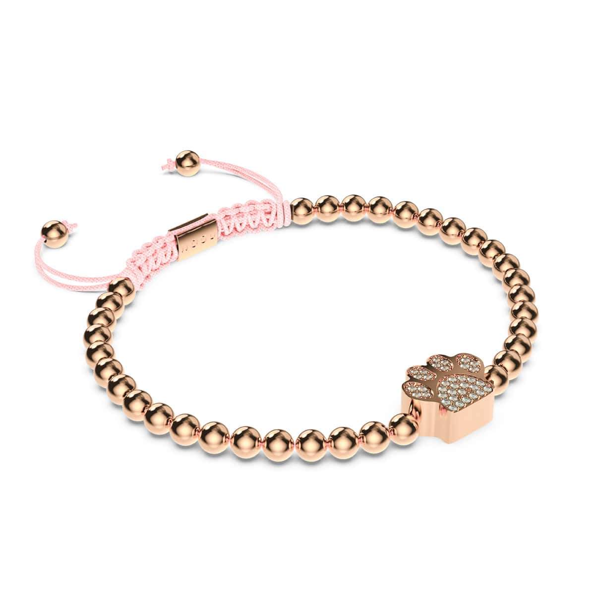Pfote | 18 Karat Roségold | Rosa | Kristallwelpen-Print | Makramee-Charmballa-Armband