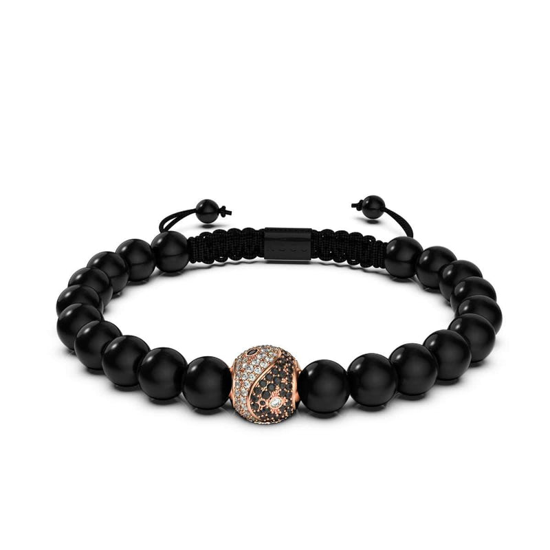Balance | 18 Karat Roségold & Rotguss | Schwarz | Kristall Yin Yang | Makramee Charmballa Armband
