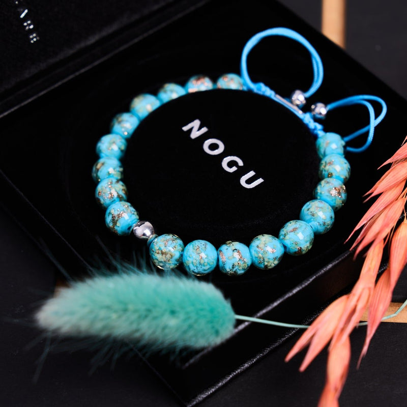 Himmelblau | Silber | Glühwürmchen-Glas-Makramee-Armband