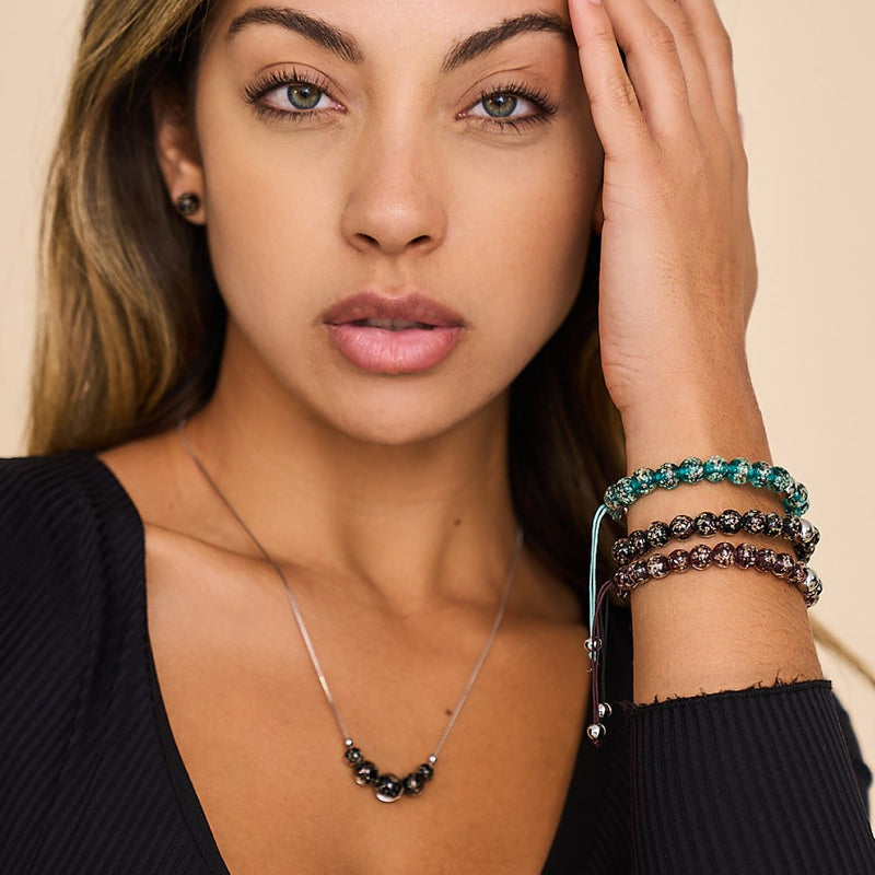 Obsidian | Silber | Glühwürmchen-Glas-Makramee-Armband