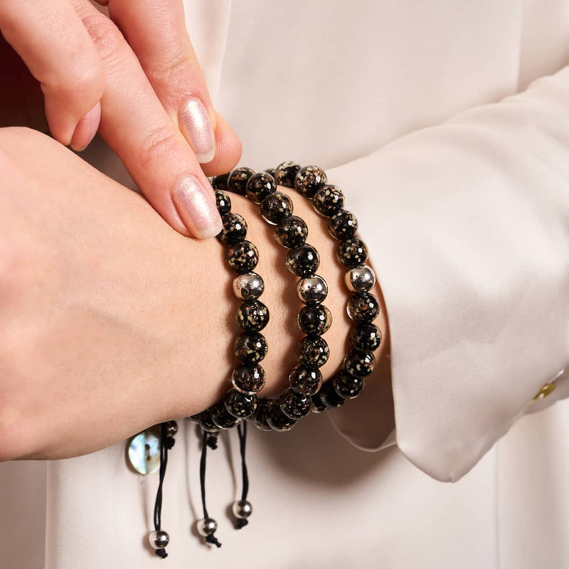 Obsidian | Silber | Glühwürmchen-Glas-Makramee-Armband