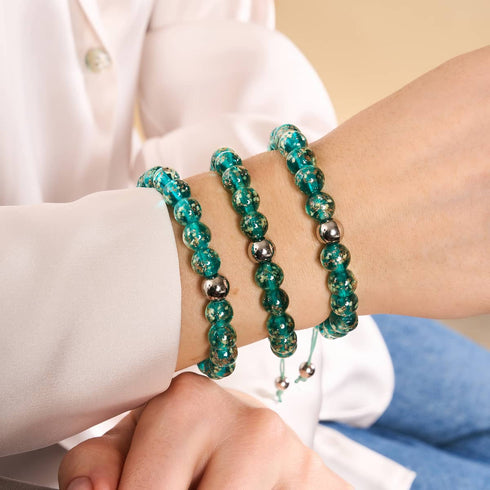 Blaugrün | Silber | Glühwürmchen-Glas-Makramee-Armband