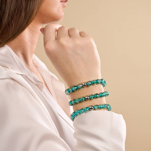 Blaugrün | Silber | Glühwürmchen-Glas-Makramee-Armband