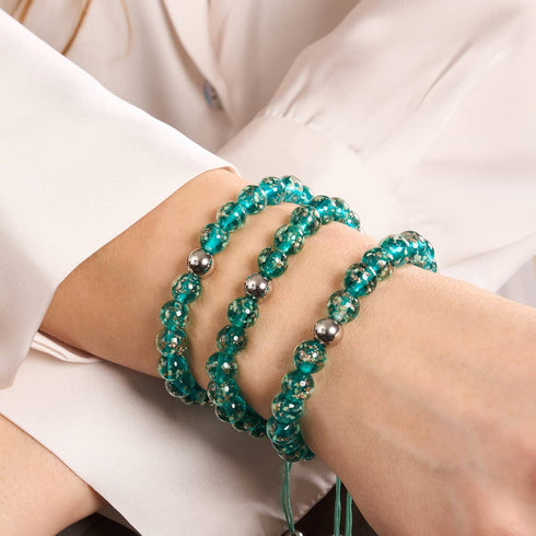 Blaugrün | Silber | Glühwürmchen-Glas-Makramee-Armband
